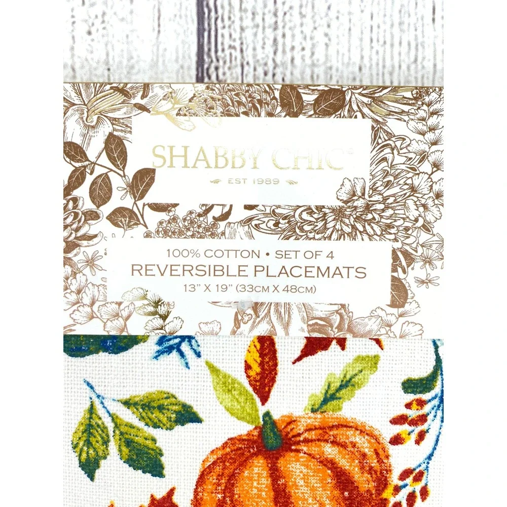 Shabby Chic Placemats (4) 13x19 Pumpkin Plaid Cotton Reversible Thanksgiving